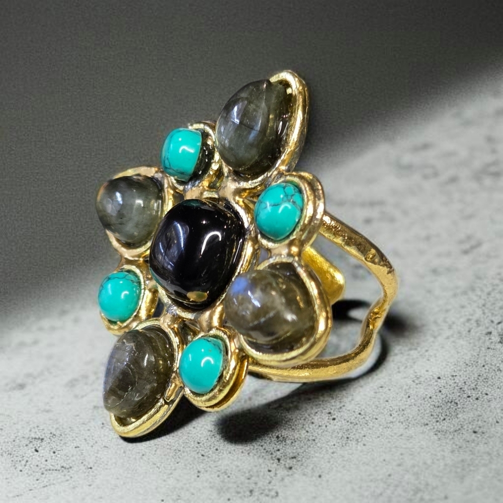 18k Gold Plated Maltese Cross Genuine Turquoise Labradorite Onyx Gemstone Ring - Picture 2 of 6